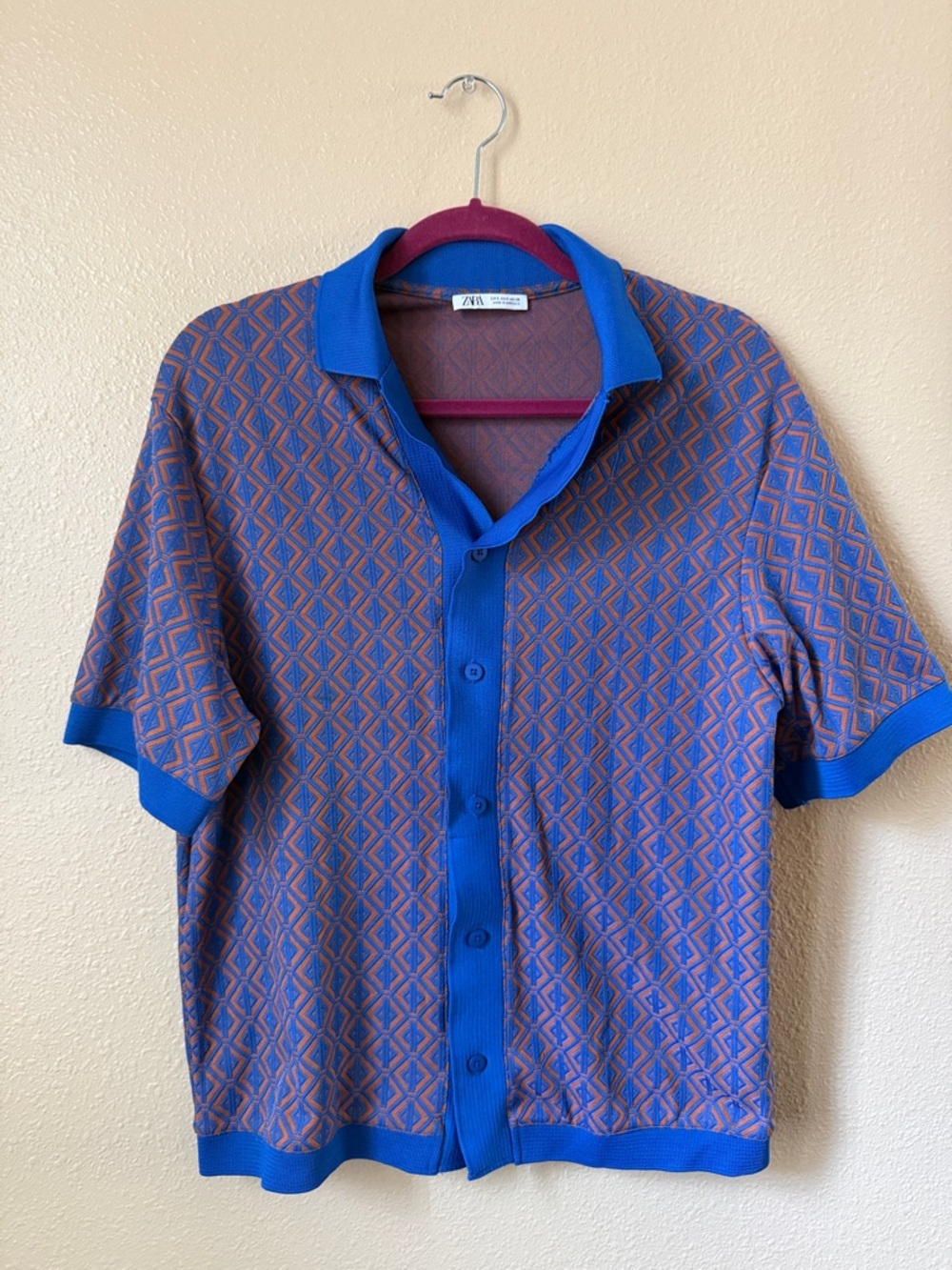 Zara Geometric Knit Short Sleeve Button-Down